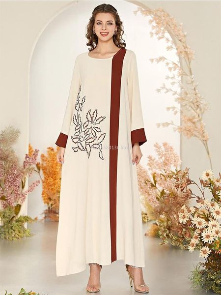 

ethnic embroidery arabic dress for women contrast color patchwork plus size o neck long sleeve muslim turkey clothing casual dresses, Black;gray