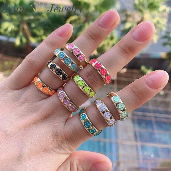 

10pcs, 2021 summer gold color round metal rings korean cute lovely enamel colorful smile heart eye flower shape for women jewelr, Slivery;golden