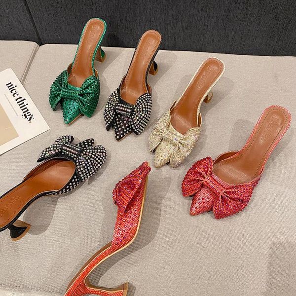 

slippers 2021 brand women slipper thin high heel ladies sandal shoes bling crystal pointed toe slip on mules big bow-knot slides, Black