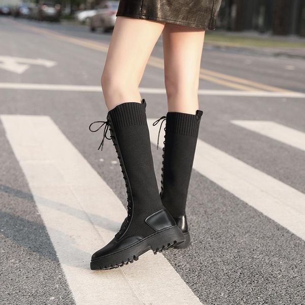 

boots odinokov real leather women punk platform lacing warm knee high winter shoes woman height increasing boot footwear, Black