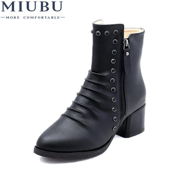 

boots miubu women shoes winter zipper genuine leather platform woman party ankle high heels plus size 34-41, Black