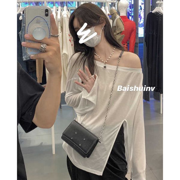 

white baishui women's sunscreen blouse t-shirt summer thin design split off pure desire girl shoulder long sleeve top