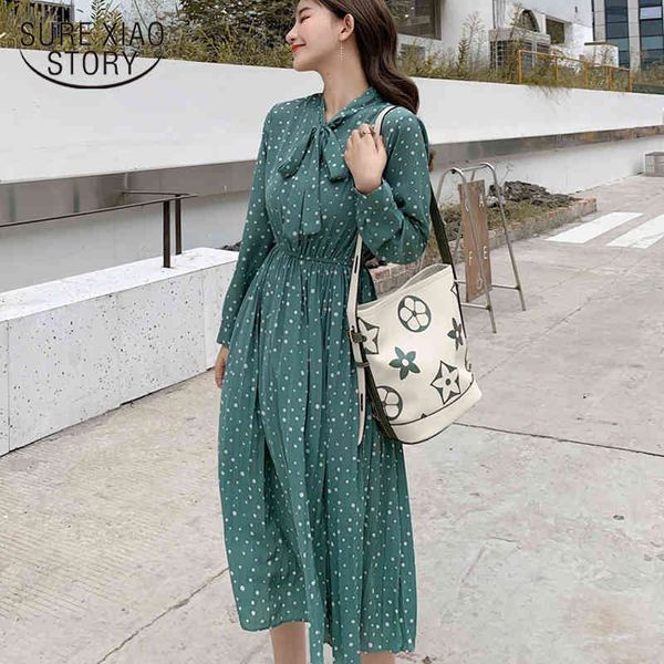 

autumn korean printed chiffon wave dot high waist slim long sleeve maxi casual party dress vestidos 7724 50 210417, Black;gray