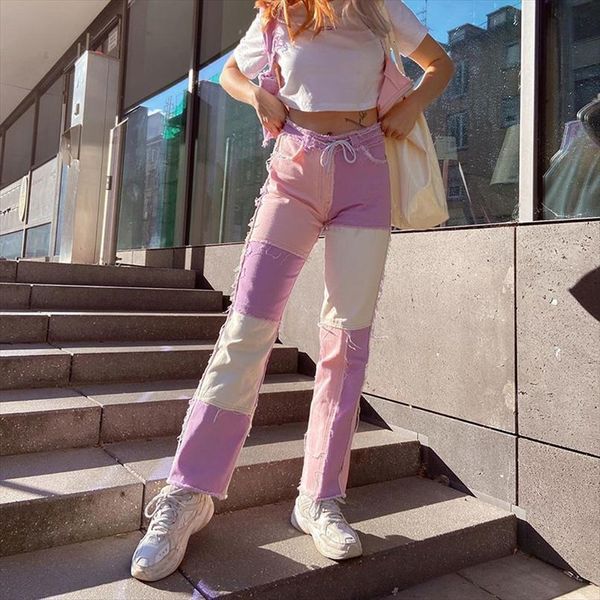 

iamsure patchwork cool womens capris high waist casual jeans streetwear fashion demin female y2k straight trousers, Black;white