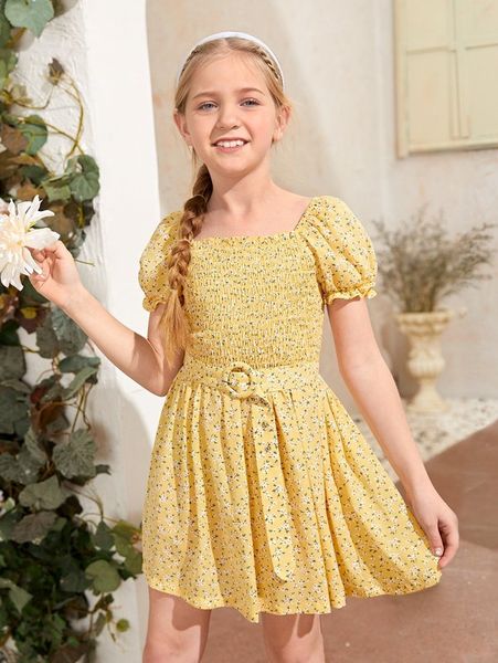 

girls shirred bodice puff sleeve buckle belted dress she, Red;yellow