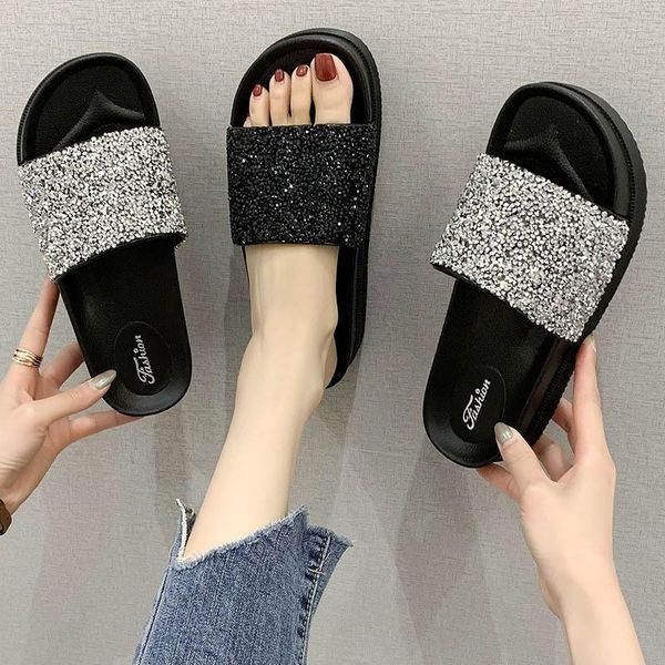 

bling crystal fairy slip on pu platform sandals women sandalias beach flip flops glitter rhinestones elevated shoes woman 2021, Black