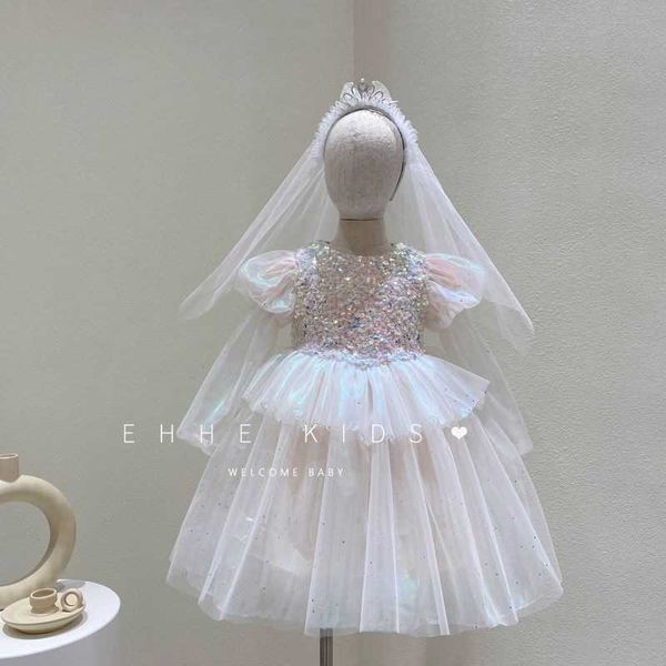 Mode Koreanische Mädchen Kleidung Pailletten Tutu Prinzessin Kleid für Kinder Kurzarm Sommer Party Kleid Vestido 210529