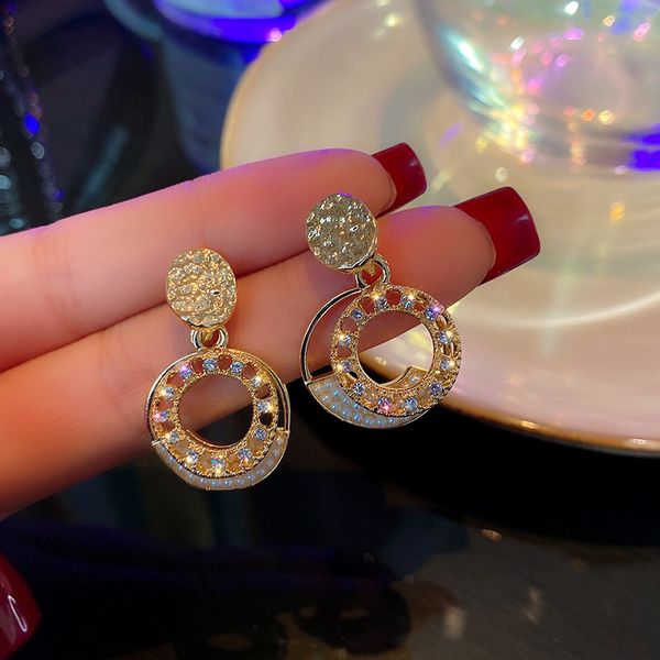 

925 silver needle inlaid with diamond pearl circle earrings, Golden;silver