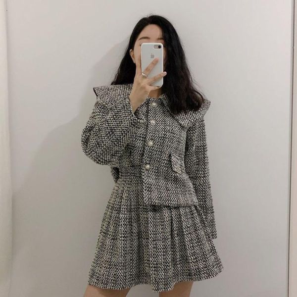 

two piece dress lanmrem 2021 korean version of the temperament large lapel versatile jacket + retro high waist pleated skirt set 19b-a403, White
