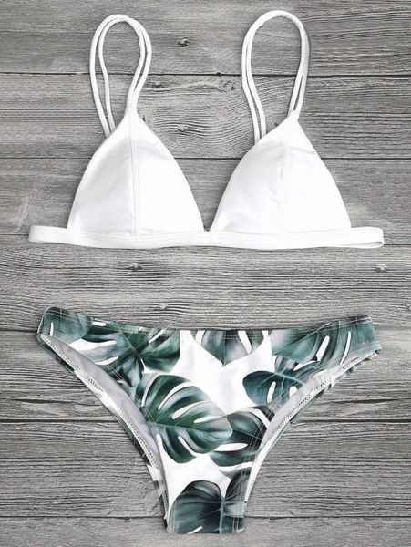 

ms swimsuit split beach green leaf printed bikini swimsuit, White;black