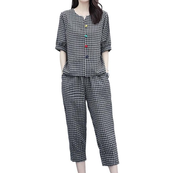 

women's tracksuits summer suit blouse+pants office lady two pieces set plaid v-neck casual fashion and ankle-length trousers sets, Gray