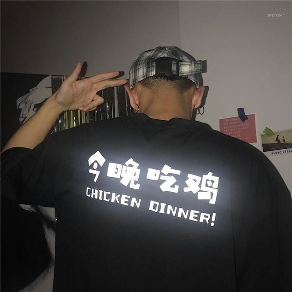 

nice korea style mens t shirts women loose half sleeved t-shirt chicken dinner clothes game hipster fashion night light letters men's t, White;black