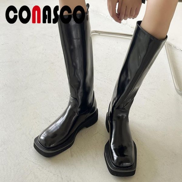

boots conasco vintage women knee high autumn winter warm genuine leather causal prom office lady shoes concise punk woman, Black