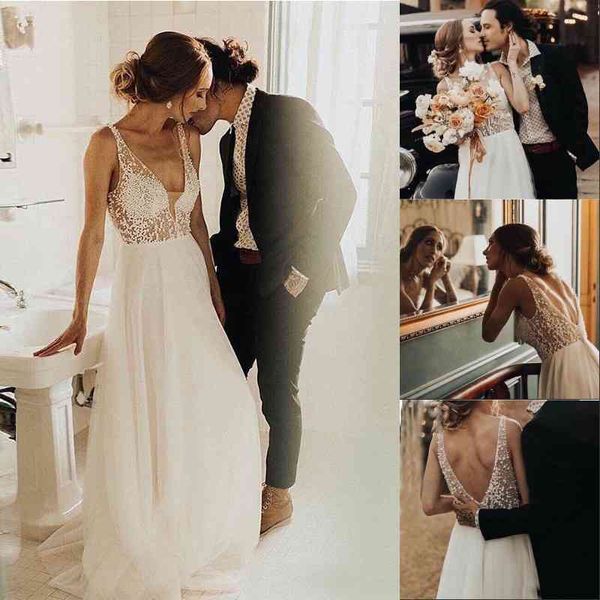 

2021 new arrival simple boho wedding dress a line white/ivory tulle pearls beaded princess backless beach bride wedding gowns