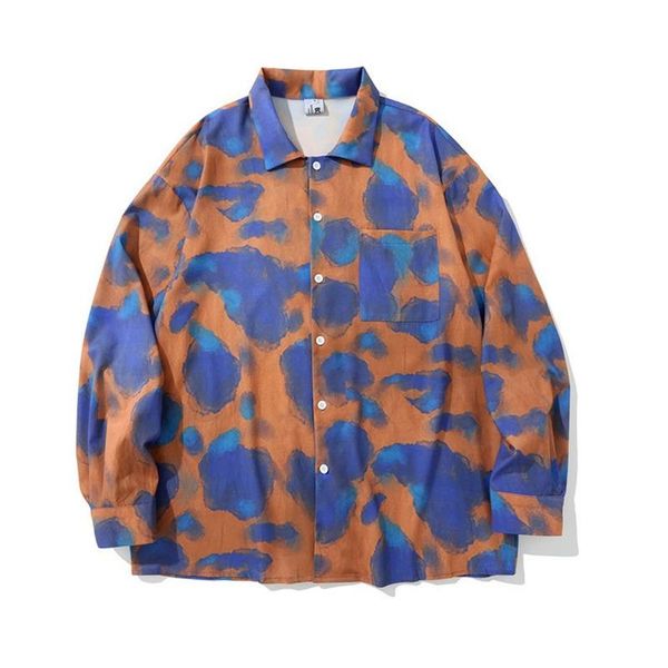 

men's casual shirts european american style trendy tie-dye shirt long-sleeved retro fashion brand loose lapel cardigan thin jacket, White;black