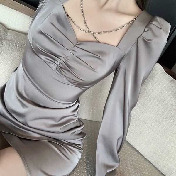 

dres square collar long sleeve fashion mini club beading korean solid female clothes autumn elegant 210604, Black;gray