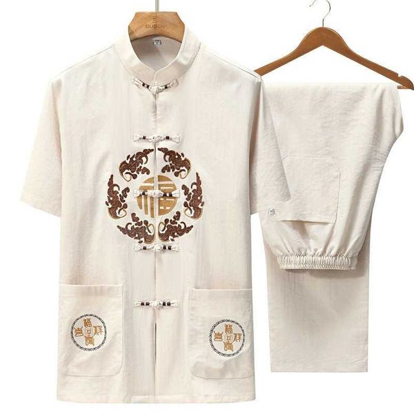 

summer cotton and hemp tang short sleeve suit taiji menwear, Gray