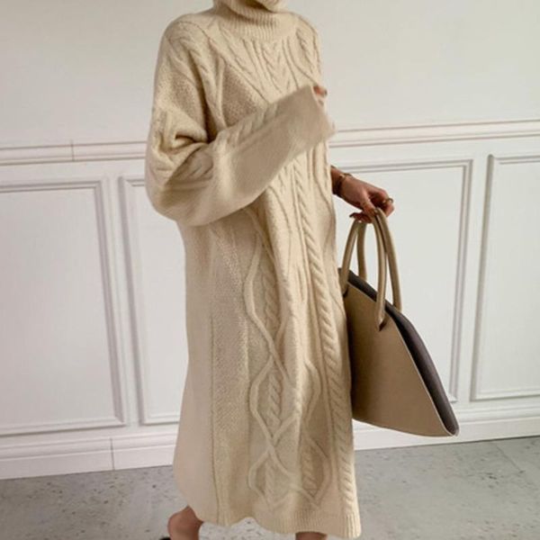 

casual dresses [ewq]2021 winter jumper female loose turtle neck solid color long sleeve over knee minimalist knitting sweater dress8q253, Black;gray