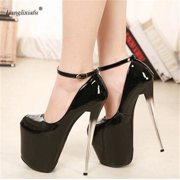 

plus:34-42 43 spring club stiletto 19/22cm thin heels platform single shoes ankle strap women wedding sm pumps dress, Black