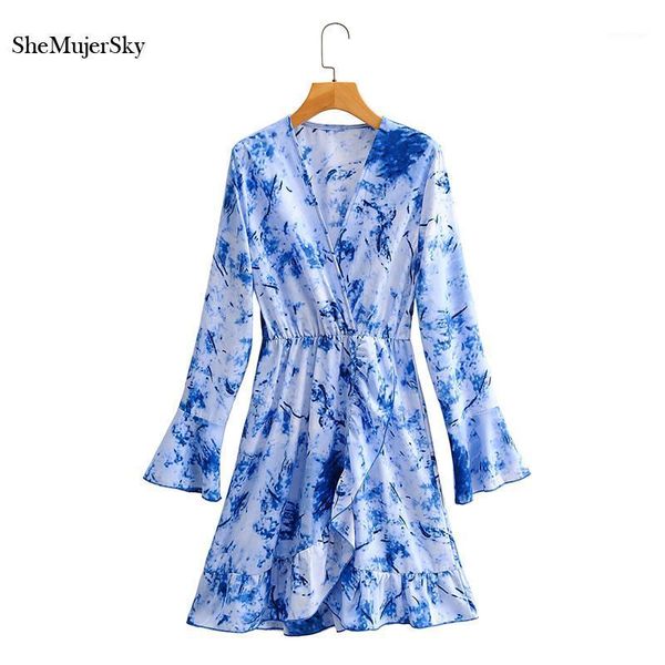 

casual dresses shemujersky women blue print dress autumn long sleeve ruffles mini 2021 vestidos, Black;gray