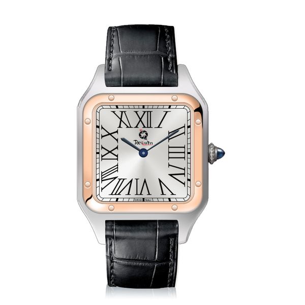 

men's automatic mechanical watch requin santo rose gold stainless steel case leather strap w2sa three-hand calendar sapphire dial fashi, Slivery;brown