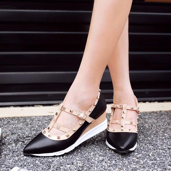 

sandals womens pointed toe rivet studs t-straps wedge high heel cut out shoes summer 4colors arrival 2022, Black