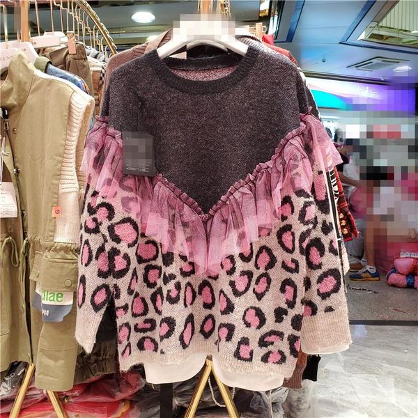 

women's sweaters contrast color leopard splicing mesh sweater women round neck knitting jumper 2021 fall female long sleeve casual pull, White;black