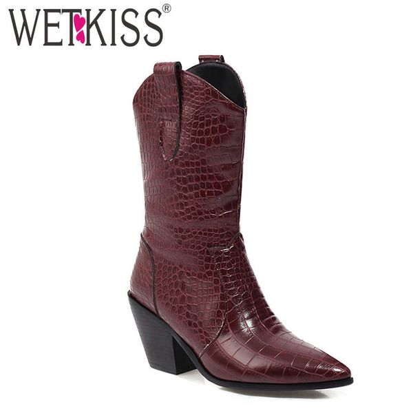 

wetkiss western boots women pointed toe fur lining ankle boots spike high heels emboss footwear autumn winter shoes cowboy 210630, Black