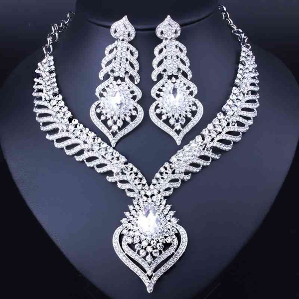 

silver plated white crystal rhinestones feather shaped necklace earrings set african bridal jewelry sets, Black