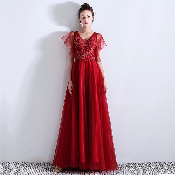 

ethnic clothing embroidered flares evening prom dress lady chinese dresses cheongsam mesh pleated banquet gown exquisite qipao vestidos de f, Red
