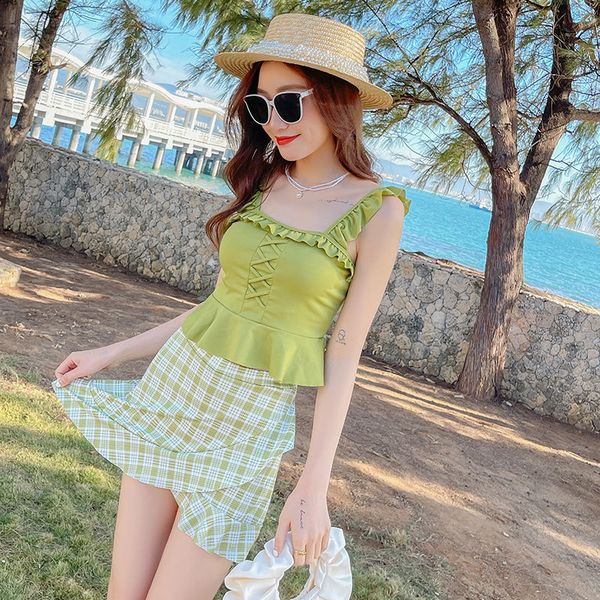 

south two swimsuit korean ins 2021 piece new suit, gathered split style, covering the belly and showing thin,, White;black