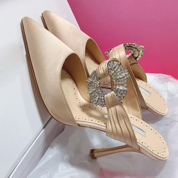 

slippers slip on high heel shoes women crystal buckle wedding bride pointed toe fashion stiletto designer pumps 2021, Black