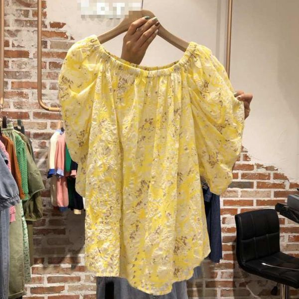 

women's blouses & shirts [ewq] korea chic summer casual trend women o neck pleated print loose fashion yellow short-sleeved shirt 2021, White