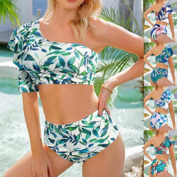 

women's swimwear fast deliver bikini leaf one-shoulder swimsuit outer single beachwear separar baÃ±ador de playa, White;black