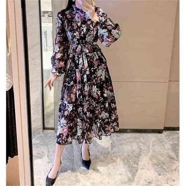 

silk woman dress waist belt long sleeve floral printed vintage elegant dresses female runway black maxi vestidos spring 210603, Black;gray