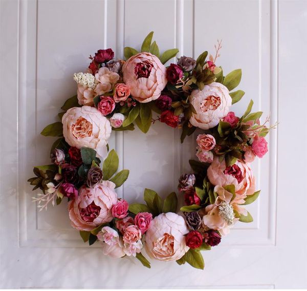 

decorative flowers & wreaths pink peony wreath wedding door wall hanging ornament rattan round garland decoration artificial flower biue sil