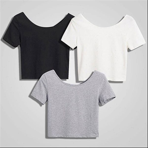 

summer fashion women t shirt tees crop solid color o neck short sleeve female, White