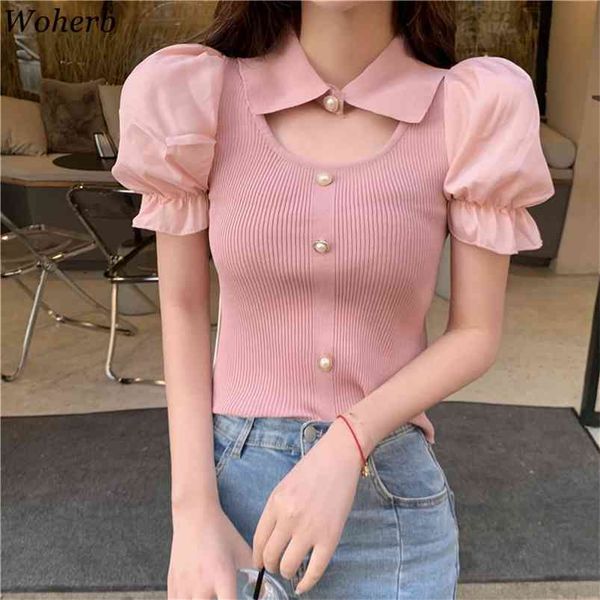

woherb summer knitted crop pullovers women short puff sleeve thin fashion solid slim ladies jumpers femme 210805, White;black
