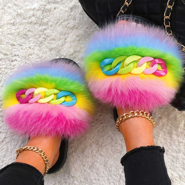 

real fox fur slippers fluffy flip flops shiny chain furry fur slides plush house slippers women beach flat sandals summer shoes h0914, Black