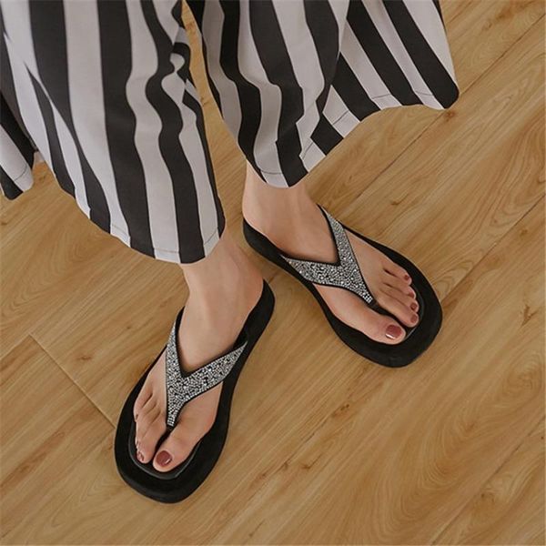 

slippers pxelena ins women flat beach flip flops sheepskin crystal thong slides platform summer lady 2021 comfort casual, Black