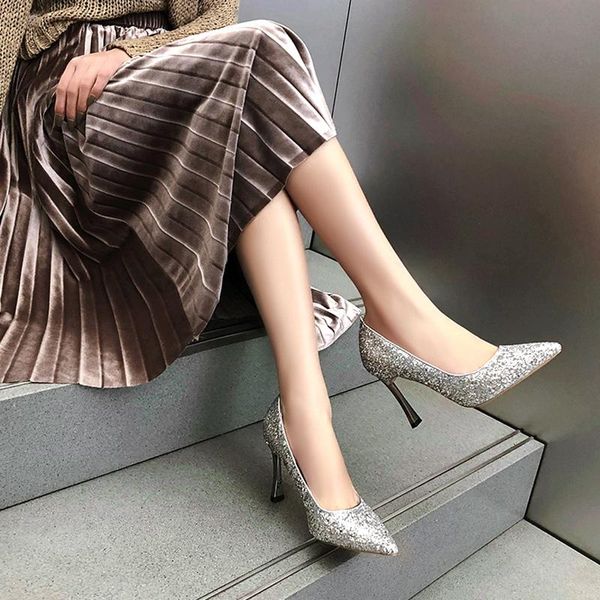 

dress shoes the autumn winter sequins silver crystal high heels, Black