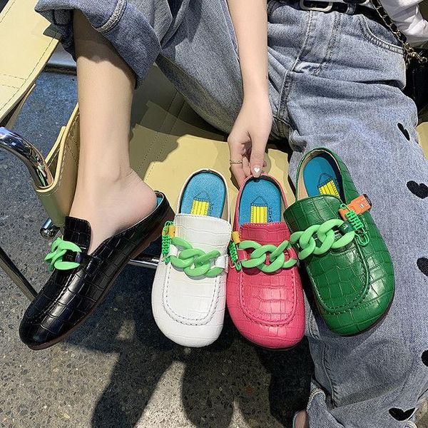 

slippers women mules slipper low heels casual slides flip flop round toe arrival brand design gold chain closed slip on shoes 2021, Black