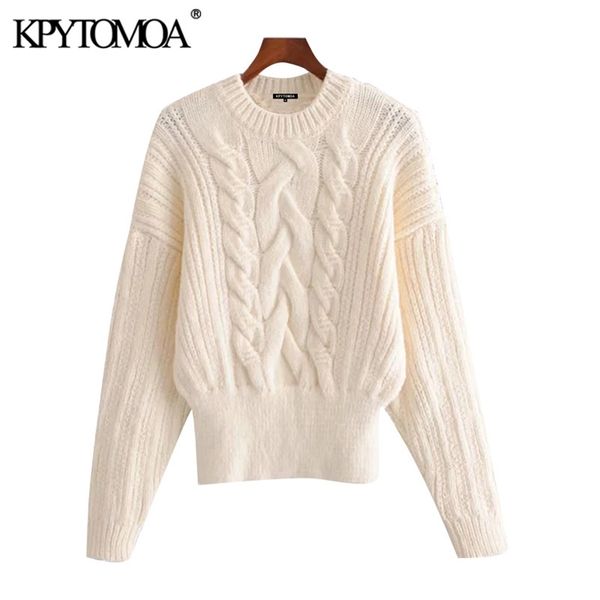 

women fashion with ribbed trims cable-knit sweater vintage o neck long sleeve female pullovers chic 210420, White;black