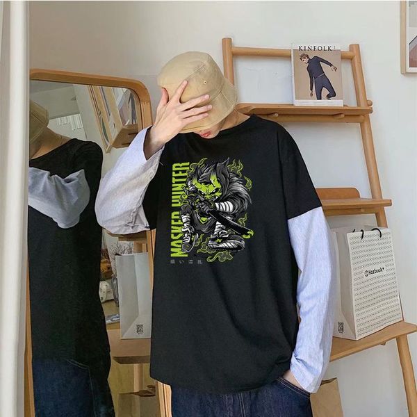 

men's t-shirts japan style cool masked cartoon men women hip hop long sleeve tshirt loose summer funny fake two piece street t shirt, White;black