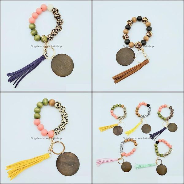 

keychains fashion aessories leopard wooden bead bracelet keychain with tassel wristband bangle key chain drop delivery 2021 sjfk3, Silver