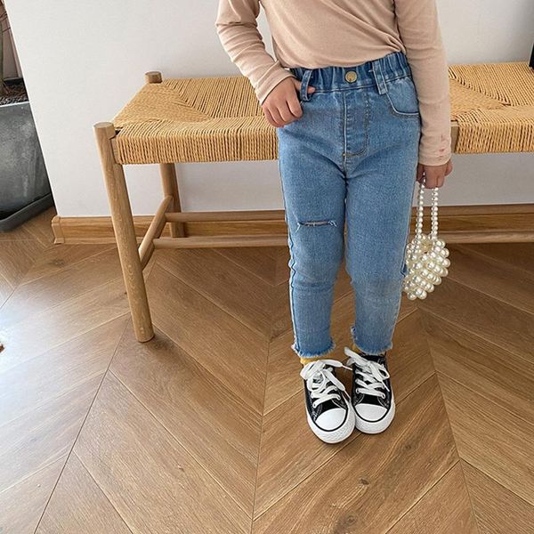 

autumn girls jeans skinny for high elastic kids denim pants broken hole girl, Blue