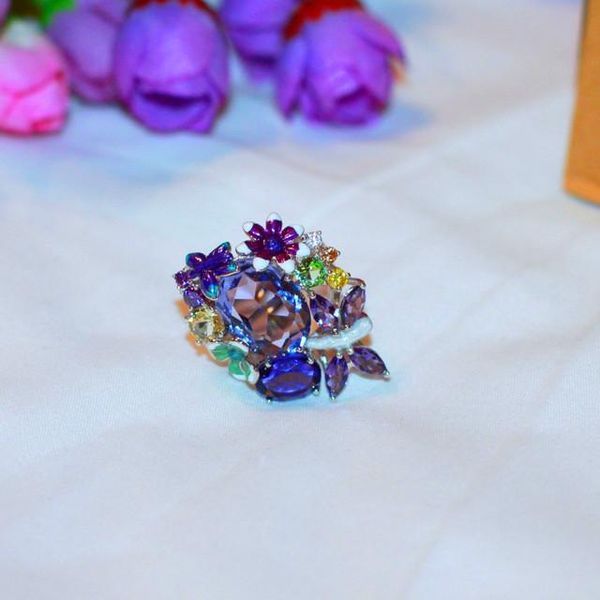 Anelli a grappolo Anello da donna di lusso con fiore di libellula ovale grande colore argento viola blu fidanzamento matrimonio vintage per le donne