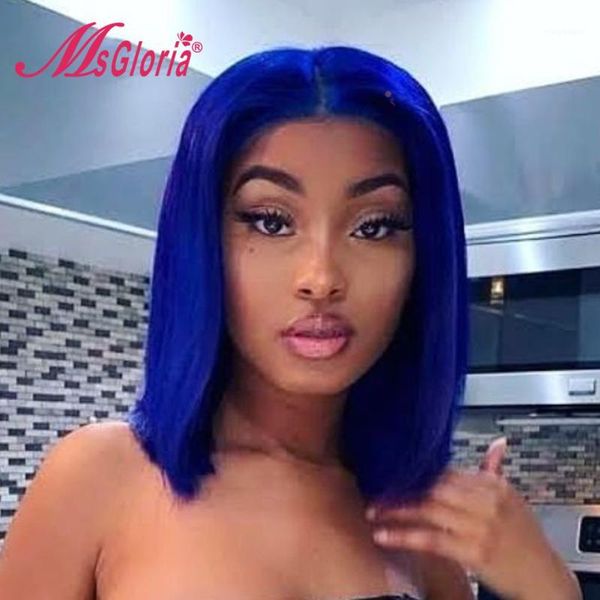 

royal blue bob t part human hair wigs 180% straight lace front brazilian remy for women pre plucked transparent lace1, Black;brown