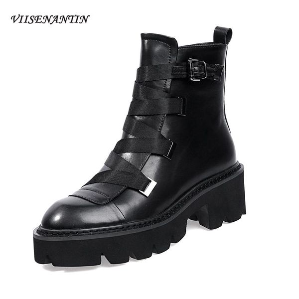 

boots female british style side zipper thick-heel winter platform genuine leather ankle thick-soled motorcycle, Black