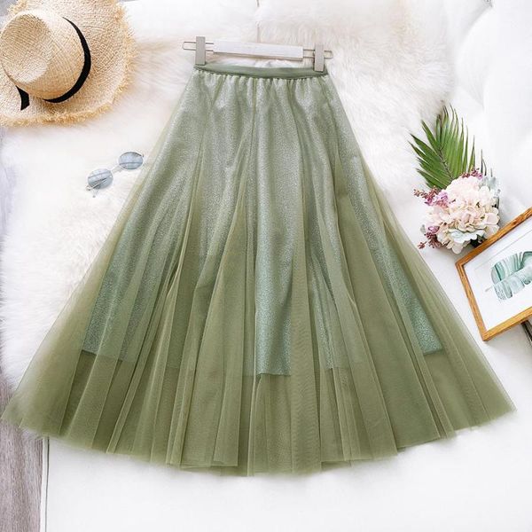 

skirt 2021 spring summer mesh korean style elastic femme high waist gradient color plied skirt sweet girl long skirts, Black